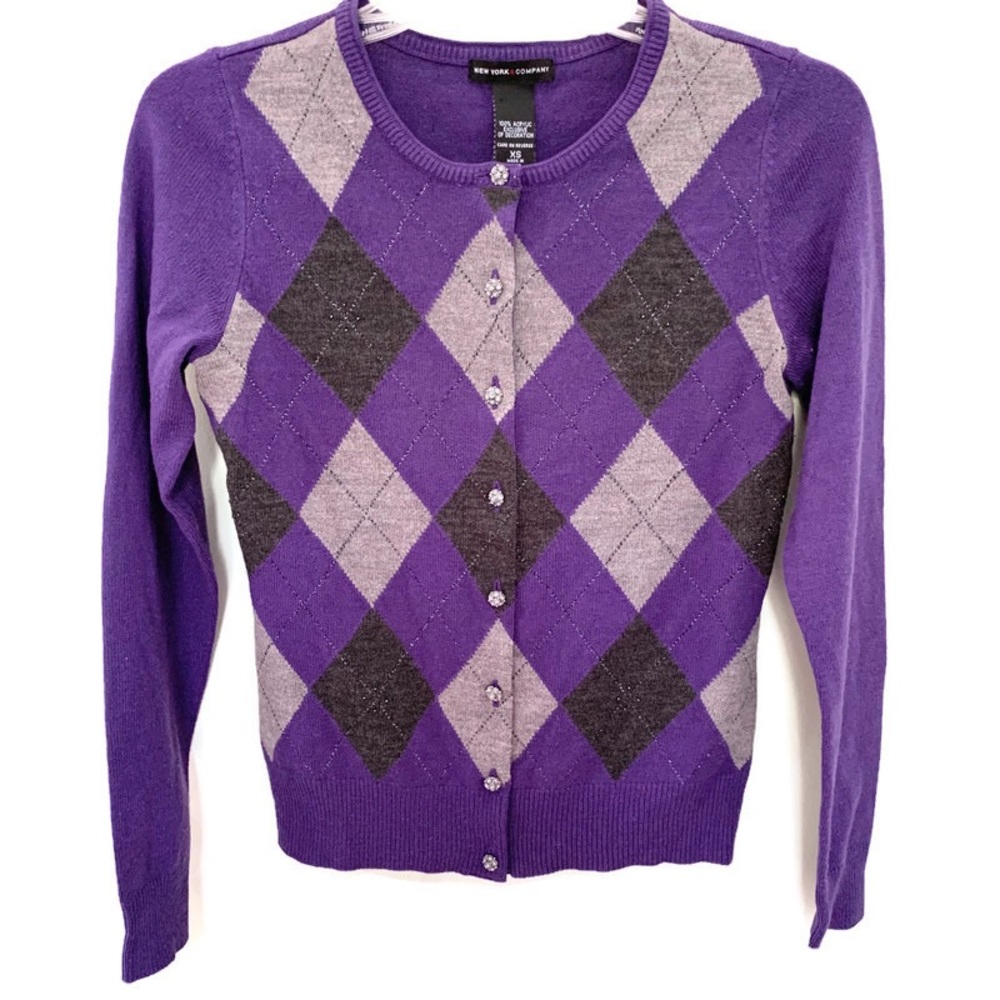 New York & Co. Argyle Cardigan Sweater Purple XS